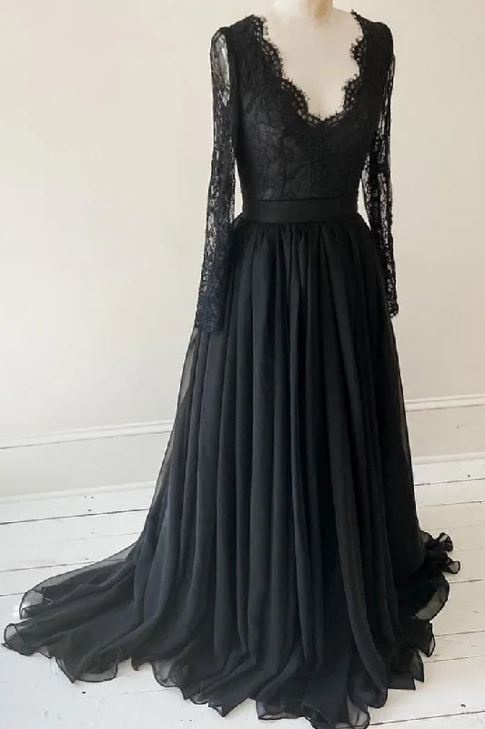 Lace Long Sleeves Black Evening Gown with Chiffon Skirt corduroy skirt comfortable