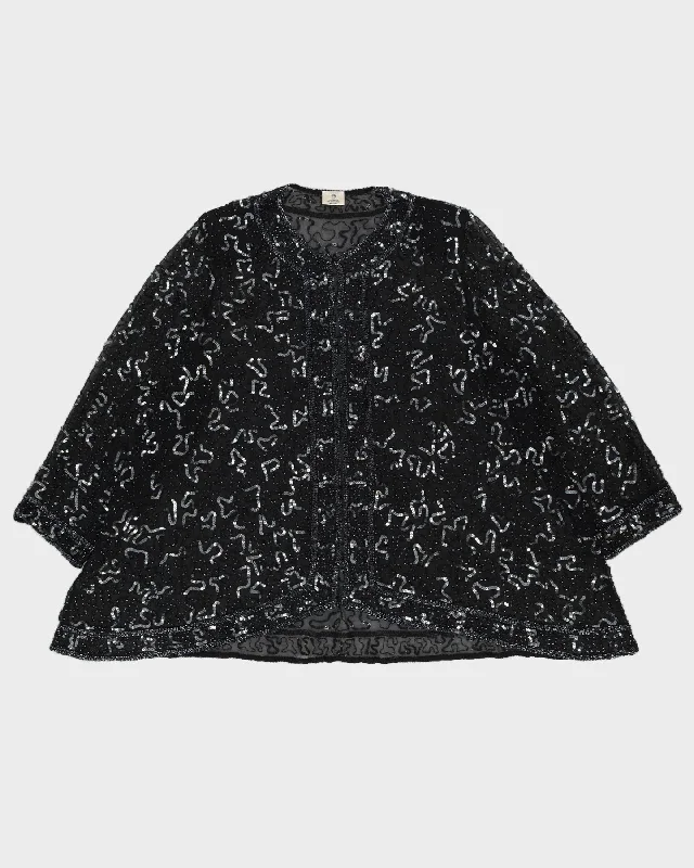 Black Silk Sequinned Open Jacket Top - XXXL Lace Jacket Ribbed Jacket Sequined Jacket