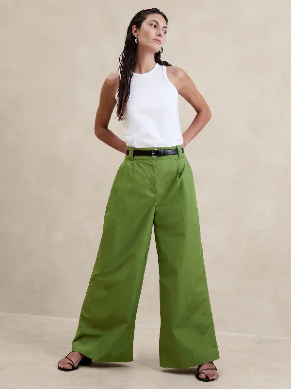 Pleated Wide-Leg Crop Poplin Pant Formal Slim Pants