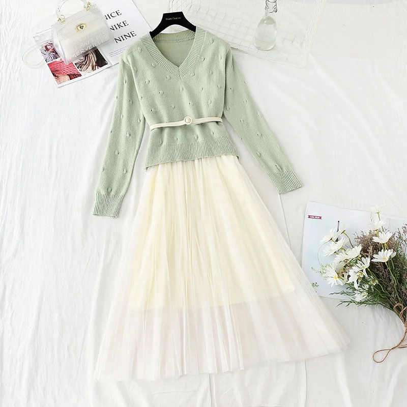 New gentle sweater with mesh suspender skirt two-piece set  4552 Zippered Buttoned Snapped