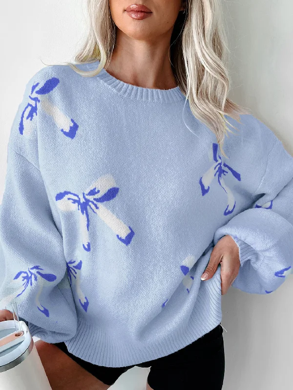 Tellie Bow Round Neck Long Sleeve Sweater Satin Blend Silk Blend Wool Blend