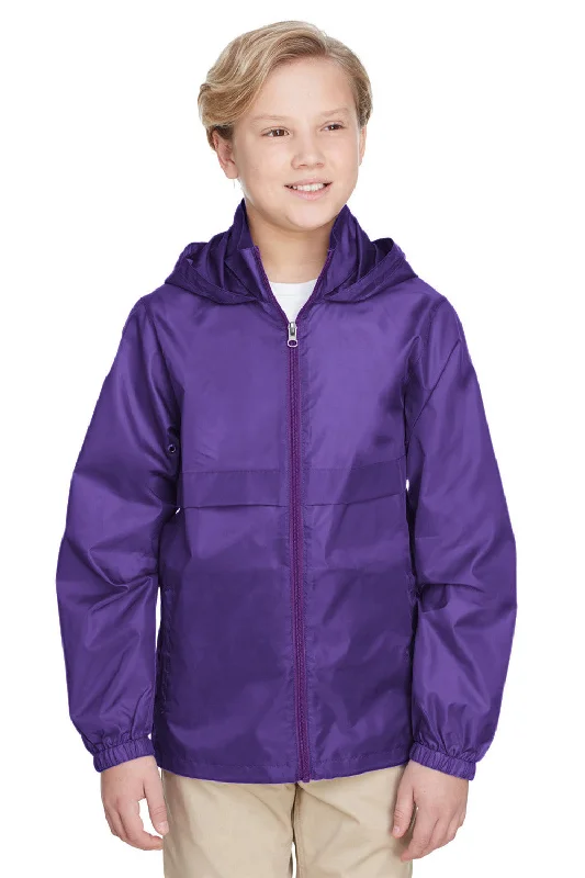 Team 365 Youth Zone Protect Water Resistant Full Zip Hooded Jacket - Purple Denim Jacket Leather Jacket Suede Jacket