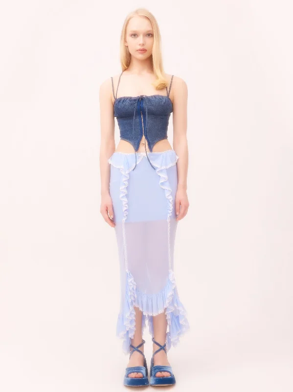 Nodress Lace Trim Baby  Blue Netting Ruffled Fishtail Skirt corduroy skirt textured