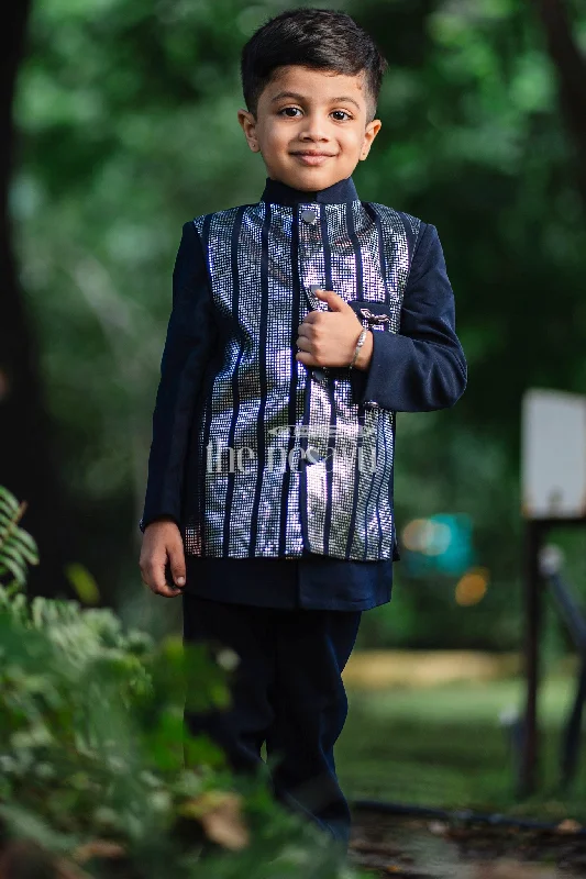 Boys Blazer Set in Navy Blue with Metallic Striped Jacket and Matching Trousers for Family Functions Nylon Jacket Polyester Jacket Spandex Jacket