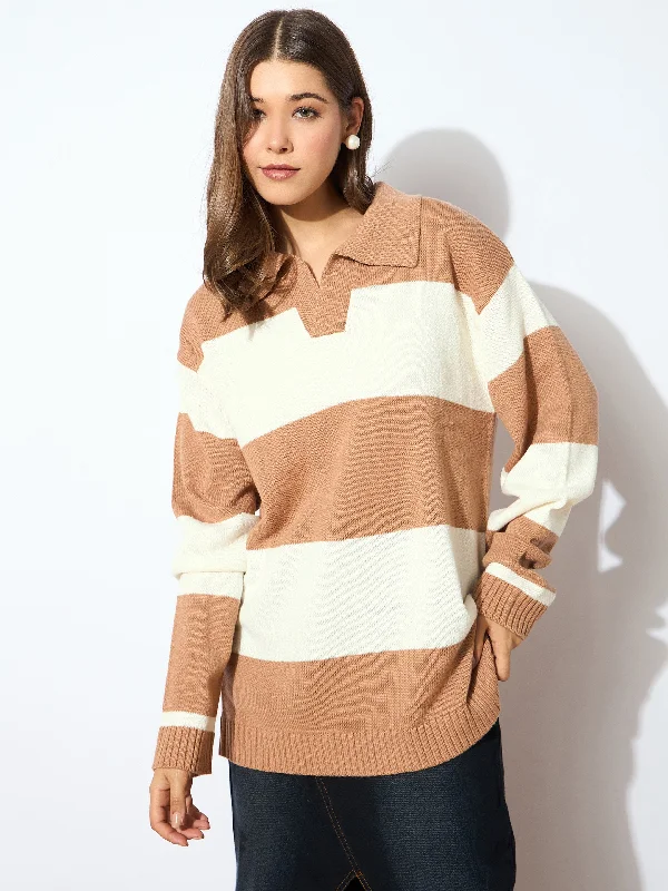 Women Beige And White Polo Neck Sweater Tailored Straight A-Line