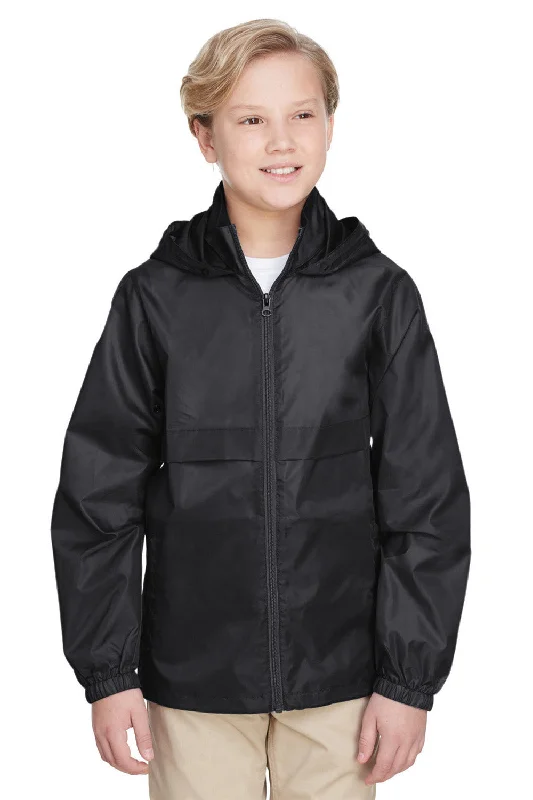 Team 365 Youth Zone Protect Water Resistant Full Zip Hooded Jacket - Black Bomber Jacket Anorak Windbreaker
