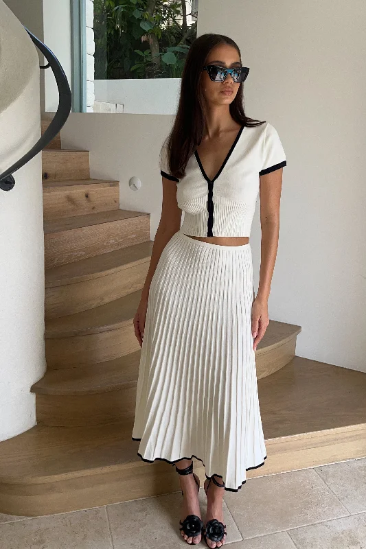 Jolene Contrast Rib Knit Midi Skirt - White wool skirt breathable