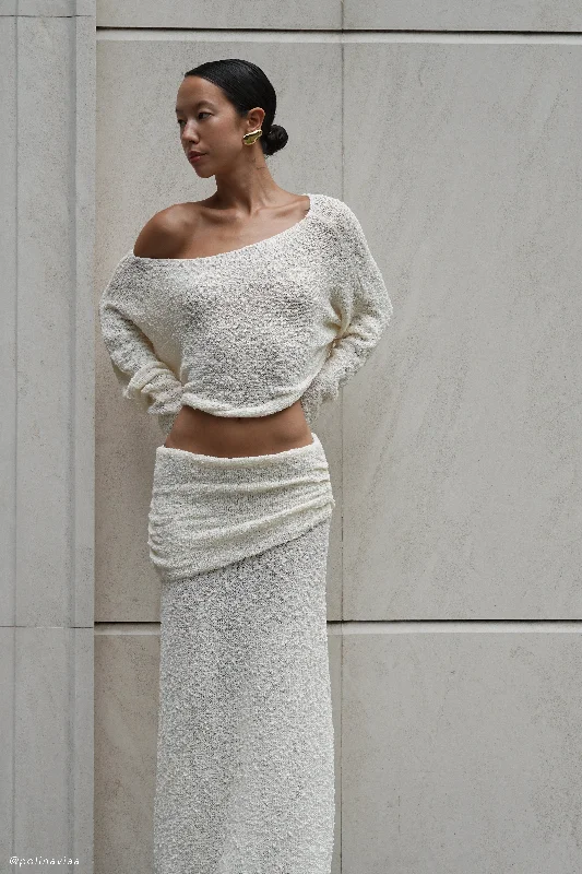Petra Ruched Knit Maxi Skirt - Ivory linen skirt relaxed