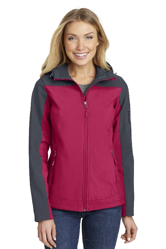 Port Authority Womens Core Wind & Water Resistant Full Zip Hooded Jacket - Dark Fuchsia Pink/Battleship Grey - Closeout Front Pockets Side Pockets Patch Pockets