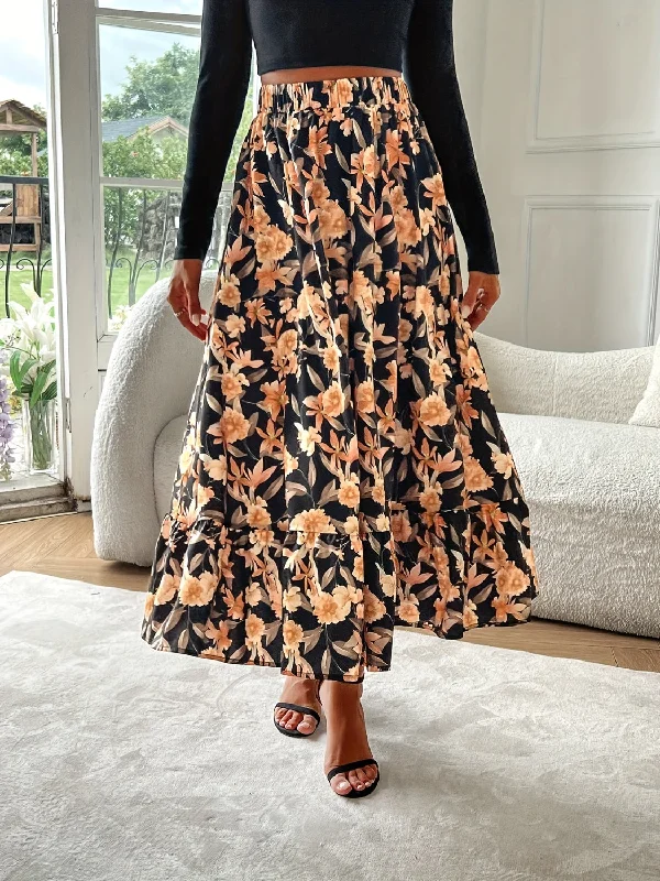 Blue Zone Planet |  Floral Elastic Waist Midi Skirt silk skirt luxurious