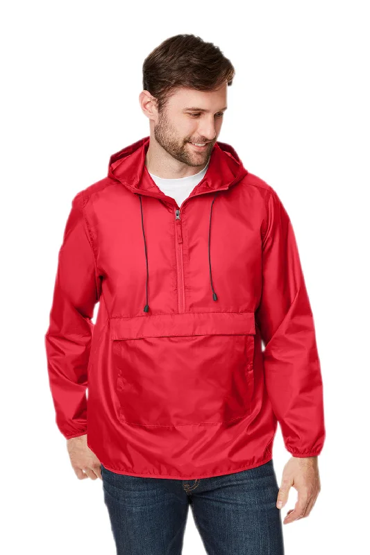 Team 365 Mens Zone Protect Water Resistant Hooded Packable Hooded 1/4 Zip Anorak Jacket - Red Insulated Jacket Fitted Jacket Loose Jacket