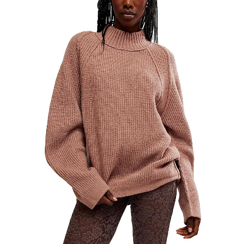 Free People Womens Ribbed Cotton Mock Turtleneck Sweater Embroidered Appliqued Beaded