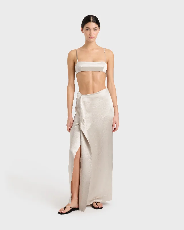 Kobe Satin Origami Maxi Skirt - Silver linen skirt relaxed