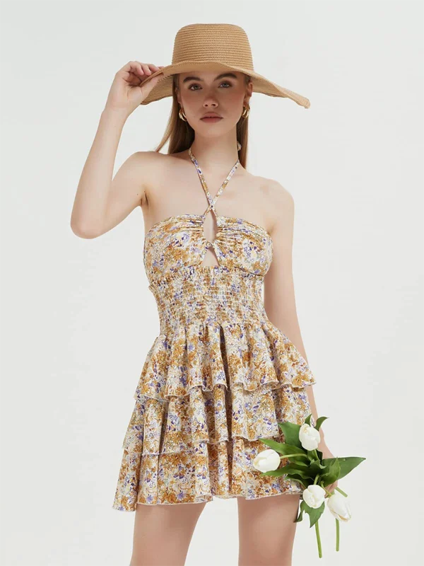 Blue Zone Planet |  Printed Floral Halterneck Waist-Length Short One-Piece Tutu Skirt velvet skirt plush
