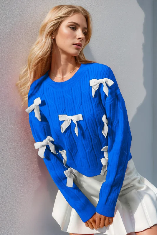 Sarah Double Take Full Size Bow Cable-Knit Round Neck Sweater Rayon Fabric Velvet Fabric Corduroy Fabric