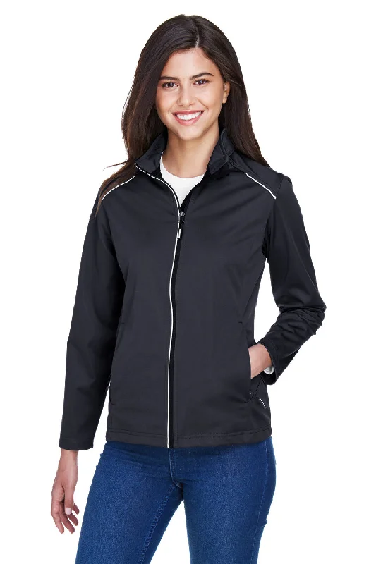 Core 365 Womens Techno Lite Water Resistant Full Zip Jacket - Black Boat Neck Shawl Collar Notched Collar