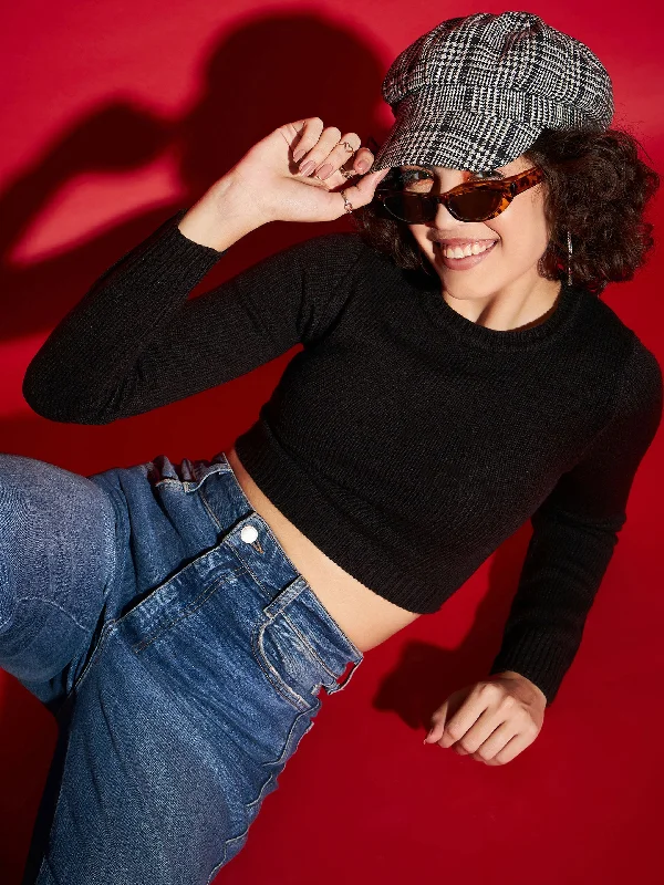 Women Black Rib Round Neck Full Sleeves Crop Sweater High Neck Crew Neck V-Neck
