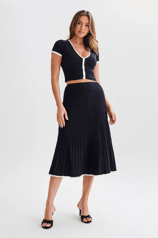 Jolene Contrast Rib Knit Midi Skirt - Black velvet skirt rich