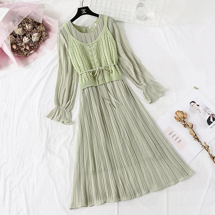 Long sleeved chiffon skirt + suspender knitted sweater vest suit  4448 Glossy Satin Silk