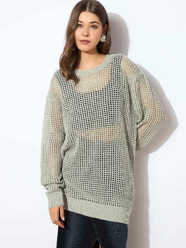 Women Grey Oversized Crochet Sweater Lace Blend Ribbed Blend Corduroy Blend