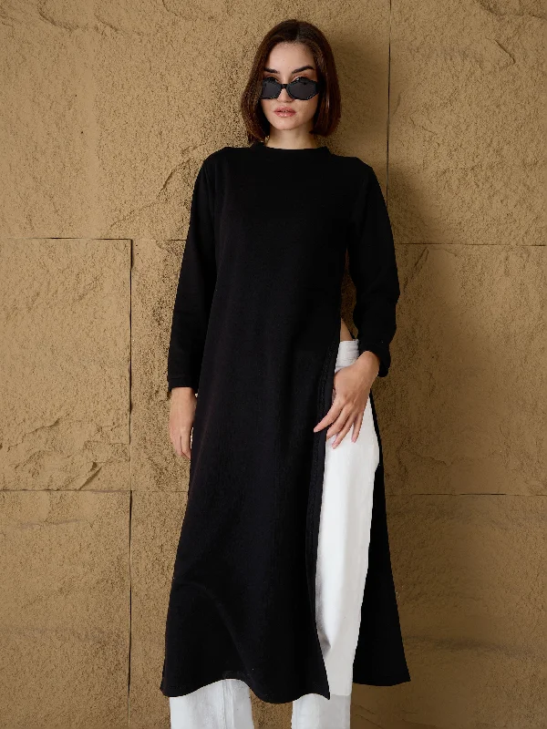Women Black Round-Neck High Slit Sweater Long Sweater Short Sweater Cropped Sweater