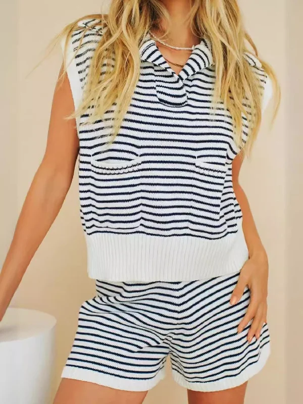 Katrina Striped Cap Sleeve Top and Shorts Sweater Set Fitted Slim Tailored