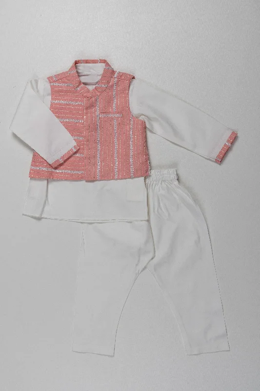 White and Pink Semi-Linen Boys Kurta Jacket Pant Set - Perfect for Festive and Formal Occasions Wool Fabric Cashmere Fabric Tweed Fabric