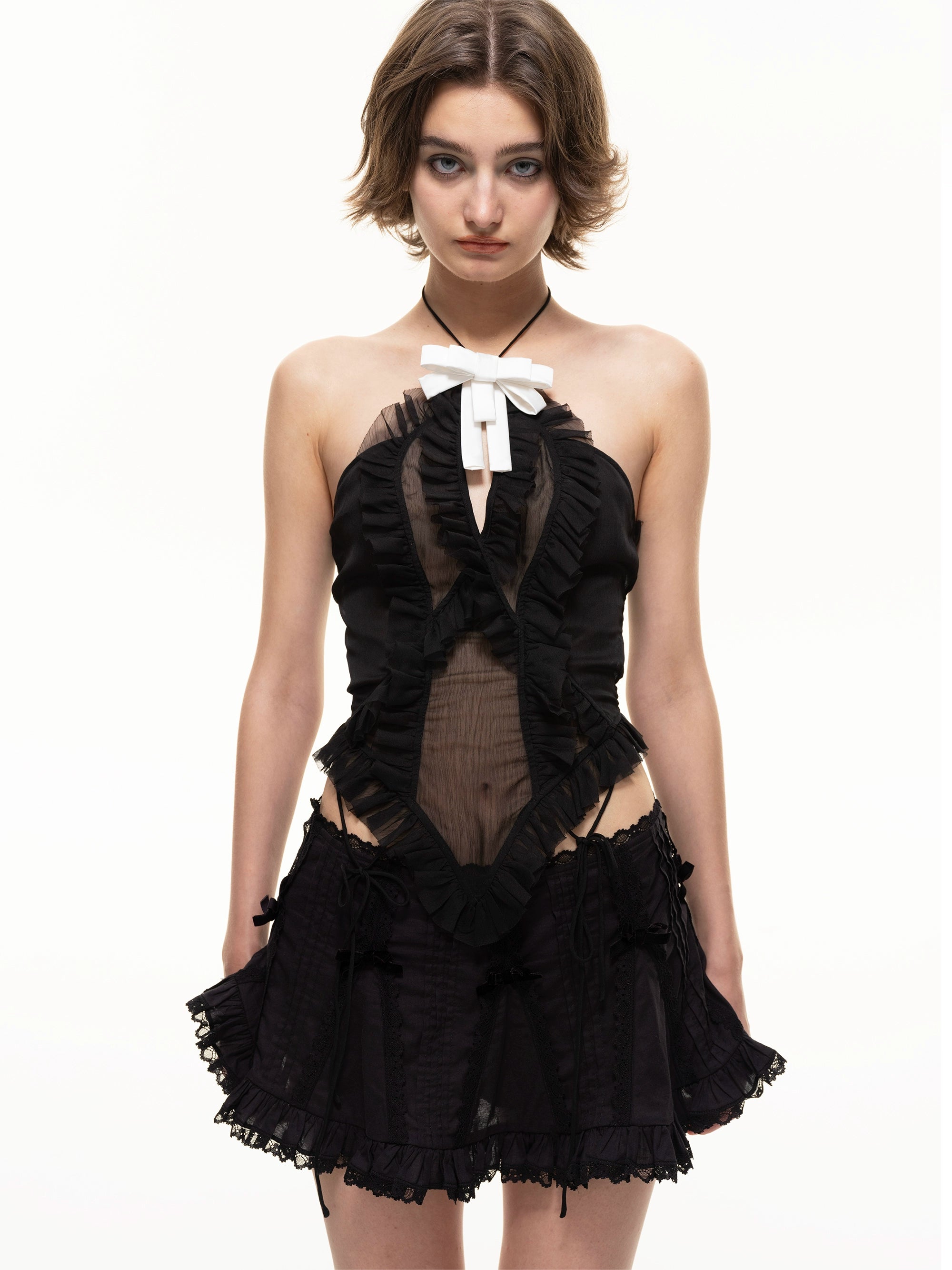 Nodress Black Lace Trim Pleated Cotton Mini Skirt denim skirt casual