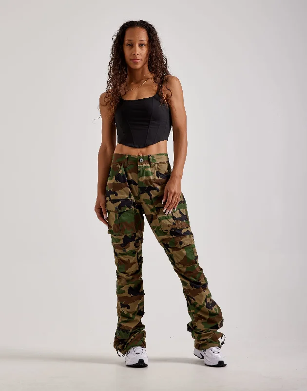 Smoke Rise High-Rise Stacked Nylon Cargo Pants Soft Stretch Trousers