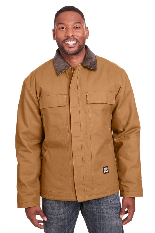 Berne Mens Heritage Duck Water Resistant Chore Full Zip Jacket - Duck Brown Notch Collar Peter Pan Collar Cowl Neck