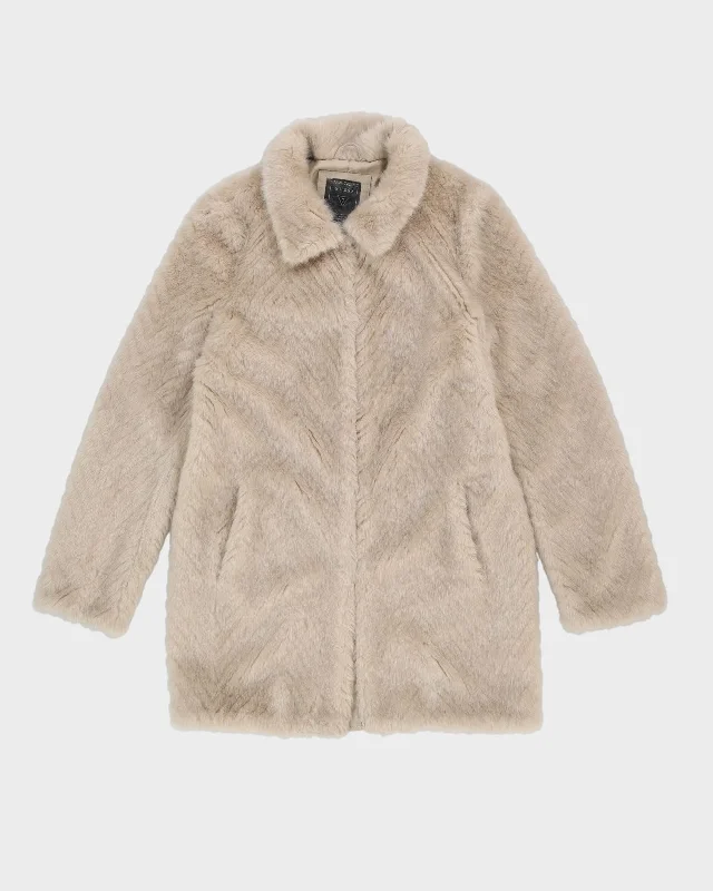 Guess Beige A-Line Faux Fur Jacket - XS Rayon Fabric Velvet Fabric Corduroy Fabric