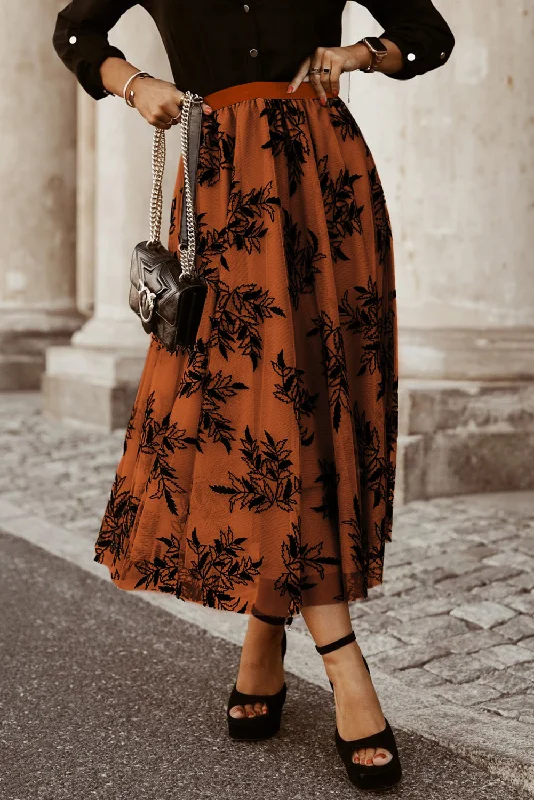 Gold Flame Floral Leaves Embroidered High Waist Maxi Skirt boho skirt vibe