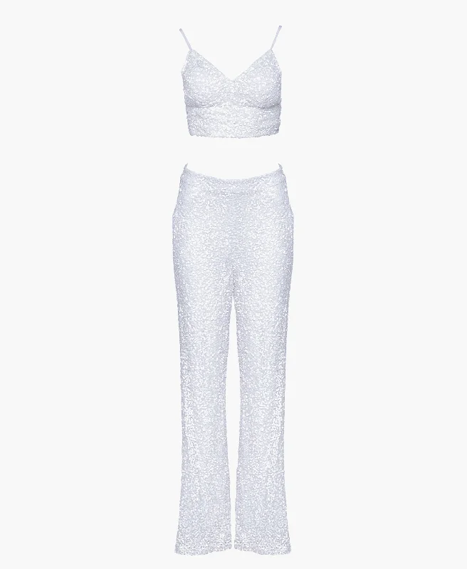 Evan Sequin Embellished Off-White Pants Modern Stretch Trousers