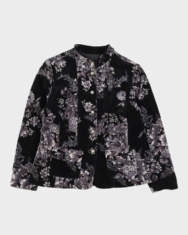 Black Floral Patterned Velvet Jacket - S Tiered Jacket Buttoned Jacket Zippered Jacket