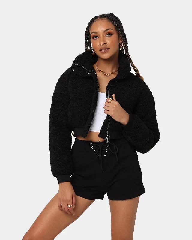 XXIII Women's Lara Crop Sherpa Puffa Jacket Black Faux Fur Jacket Real Fur Jacket Shearling Jacket