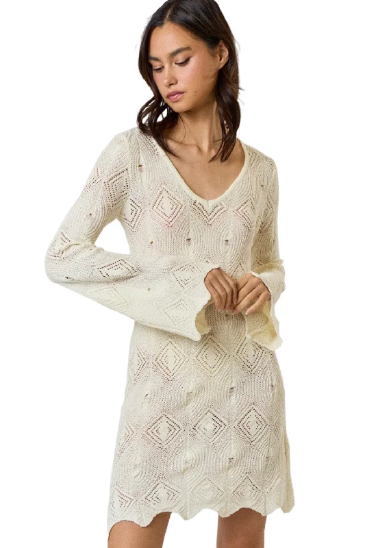 CROCHET BELL SLEEVE V-NECK SWEATER COVER UP DRESS Rayon Fabric Velvet Fabric Corduroy Fabric