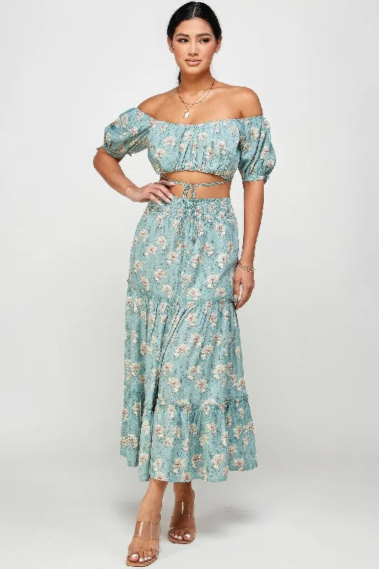 Blue Zone Planet |  Marisol'S Floral Off Shoulder Sleeve Back Tie Top Skirt Set velvet skirt plush