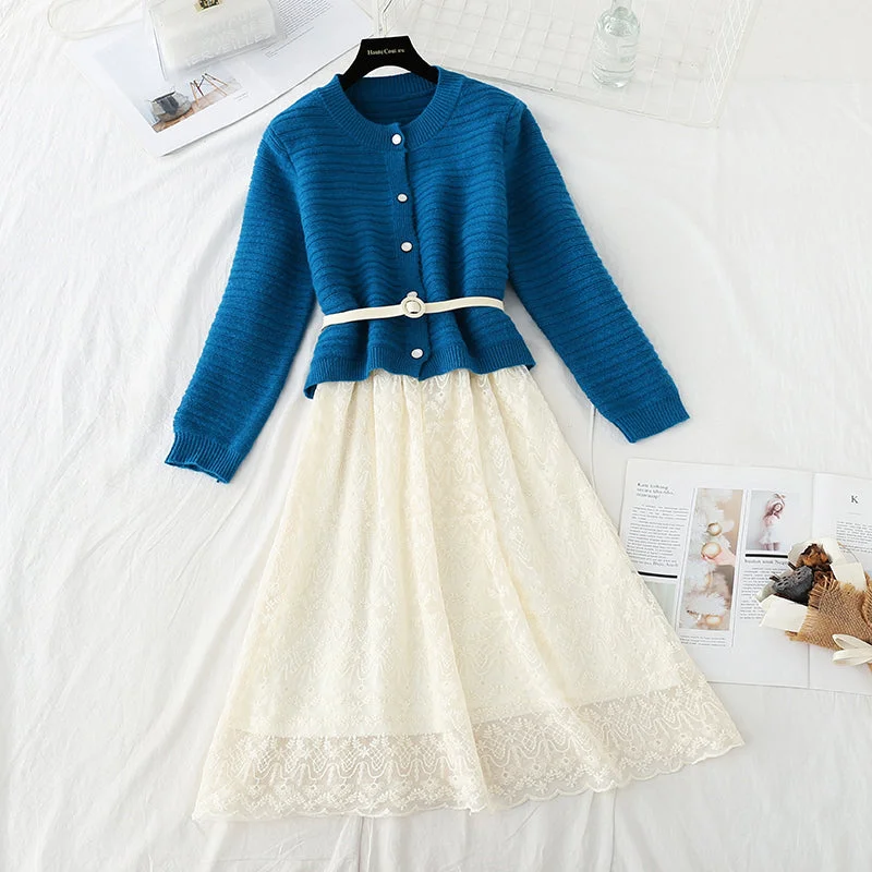 Sweater with lace skirt age reduction suit fashion two-piece suit  4557 Collared Crew Neck Turtle Neck