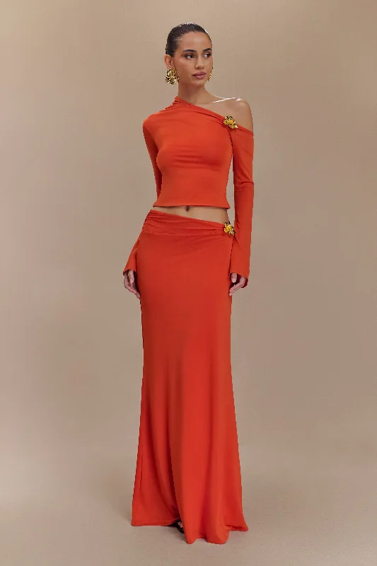 Ainsley Asymmetrical Maxi Skirt With Floral Hardware - Burnt Orange lace skirt intricate