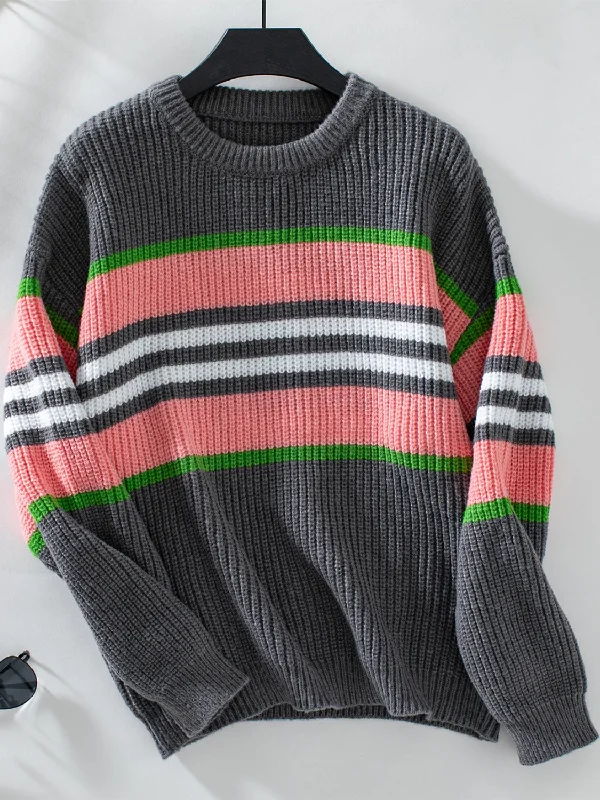 Conra Contrast Stripes Round Neck Long Sleeve Sweater Open Front Closed Front Wrap Front