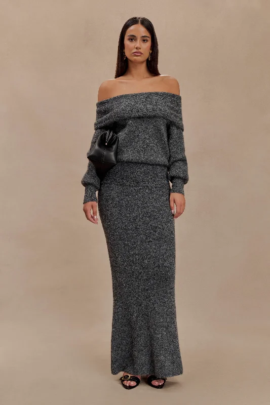 Charlotte Knit Maxi Skirt With Overlay - Charcoal corduroy skirt durable