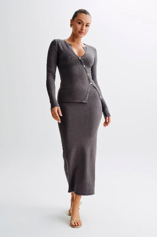 Maisie Buttoned Knit Maxi Skirt - Dark Charcoal athletic skirt fit