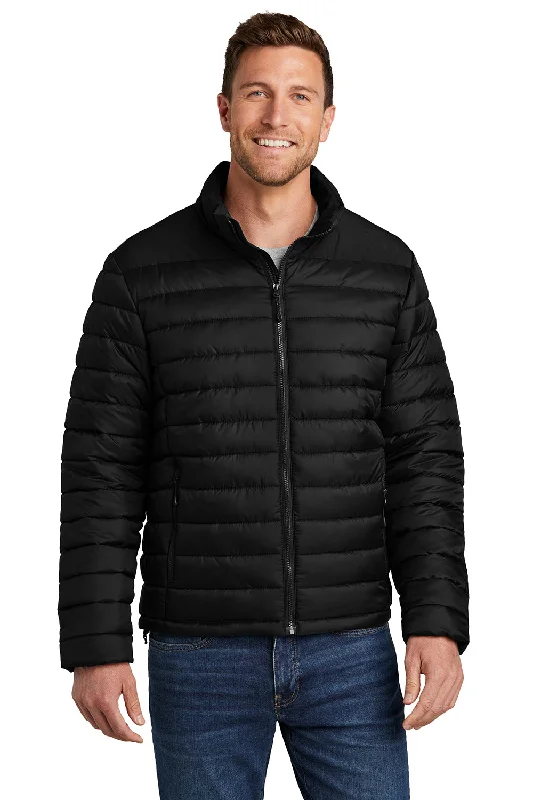 Port Authority Mens Horizon Water Resistant Full Zip Puffy Jacket - Deep Black Zippered Front Buttoned Front Snap Front