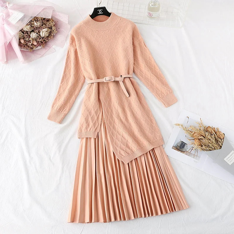 Knee knitted sweater pleated skirt two piece set  4463 Iron Safe Non-Iron Wrinkle Free