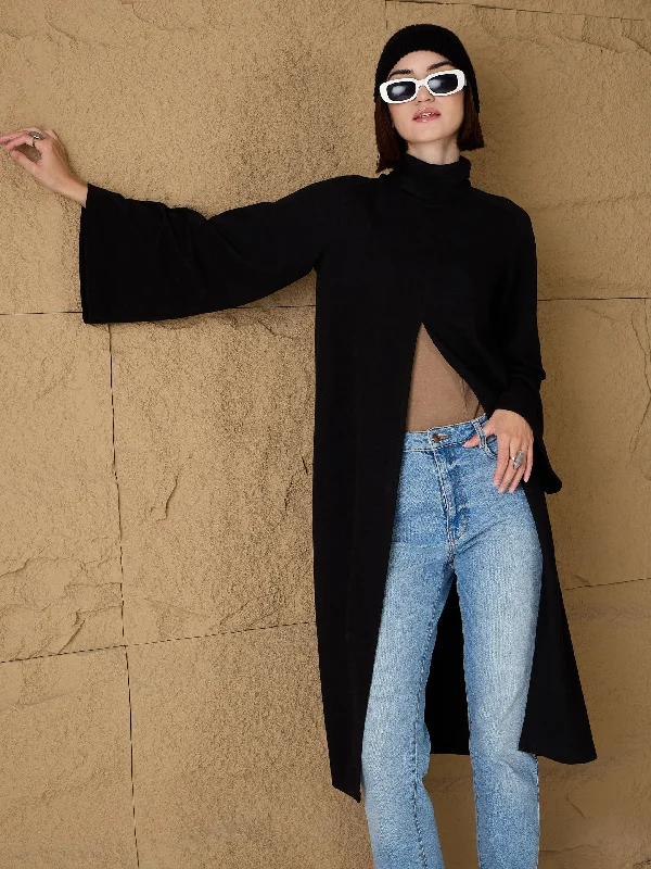 Women Black Turtle-Neck Front High Slit Sweater Nylon Fabric Polyester Fabric Spandex Fabric