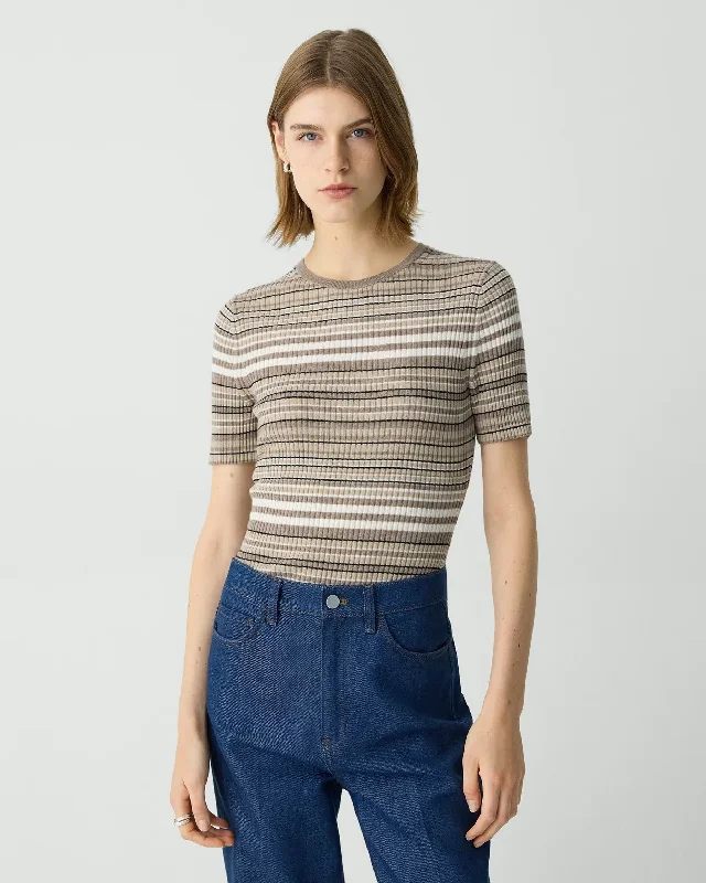 Ribbed Short-Sleeve Sweater Regal Wool Light Cider Multi - Theory Women Zippered Buttoned Snapped