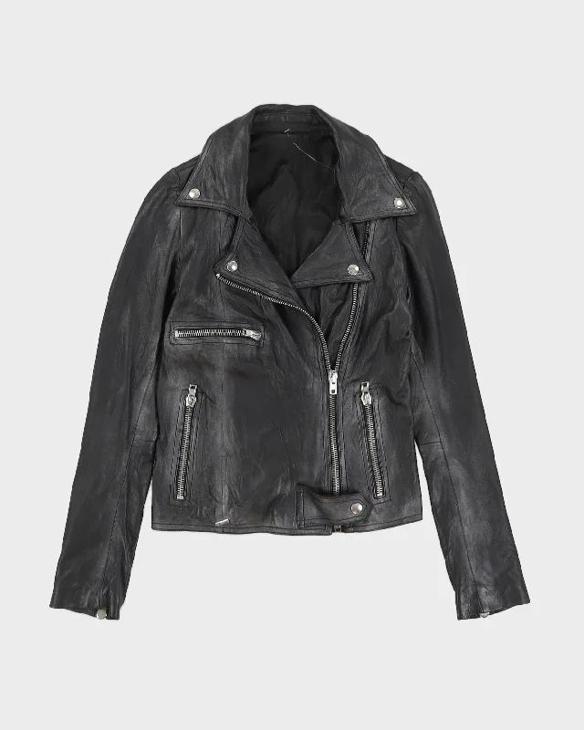 Black Leather Biker Zip Jacket - XXS Trench Coat Raincoat Waterproof Jacket