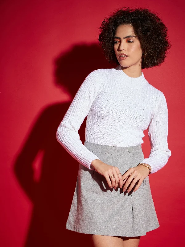 Women White Rib High Neck Full Sleeves Sweater Wool Sweater Cotton Sweater Cashmere Sweater