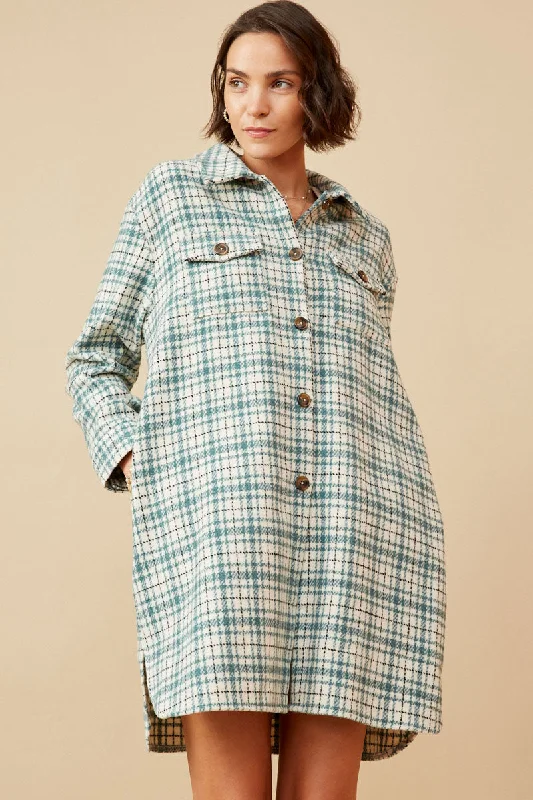 Front Pocket Long Line Flannel Shirt Jacket Welt Pockets Slit Pockets Flap Pockets