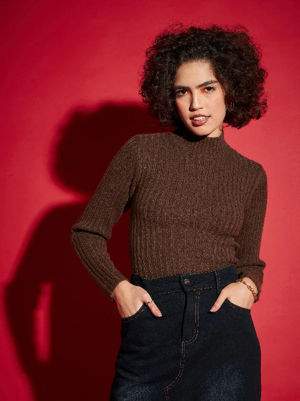 Women Brown Rib High Neck Full Sleeves Sweater Fitted Loose Oversized